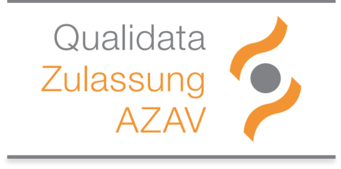 Logo for Qualidata indicating AZAV approval, with the words 'Qualidata', 'Zulassung AZAV' and orange abstract shapes beside a gray circle.